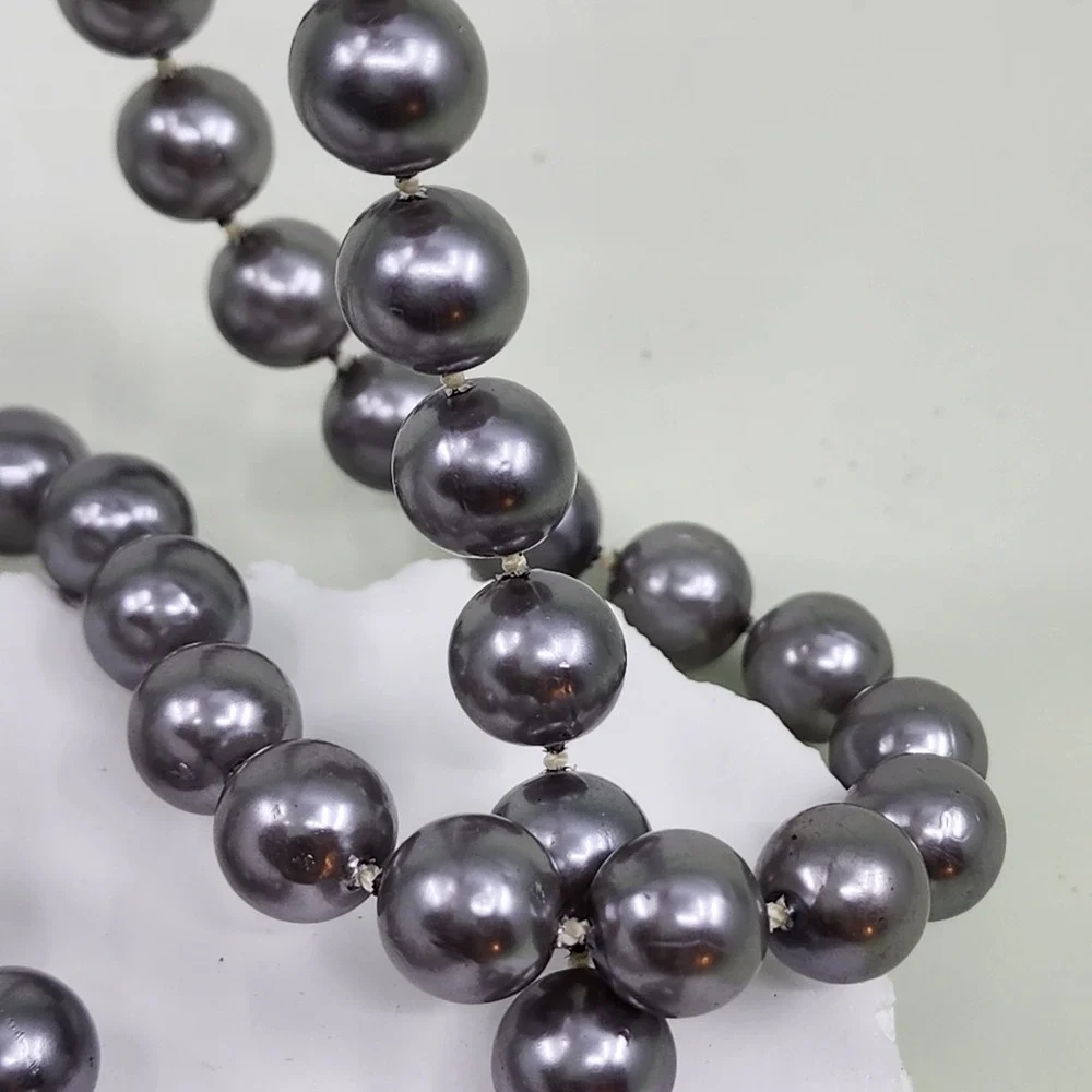 Vintage Gray Faux Pearl Double Strand Necklace Rhinestone Box Clasp Statement